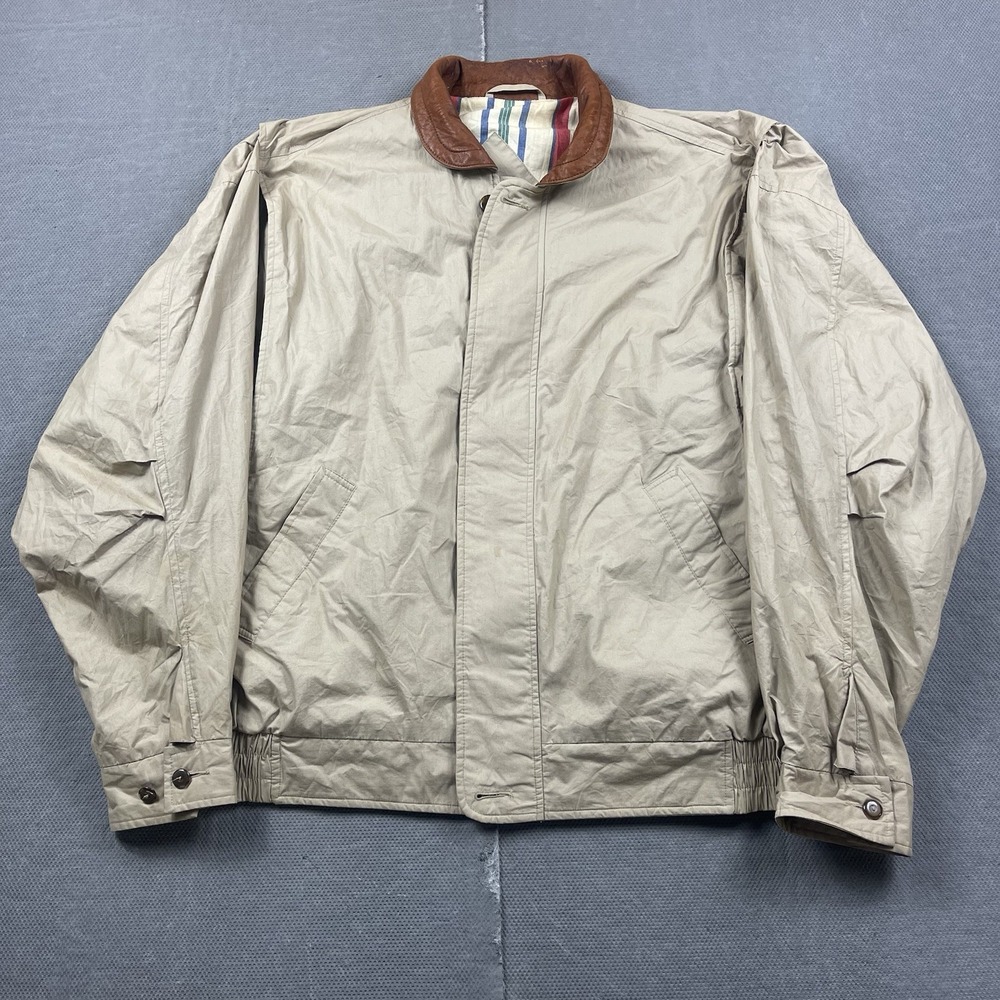 Vintage Izod Jacket Mens Large Beige By Swing Leather Collar Stripe Lined Preppy